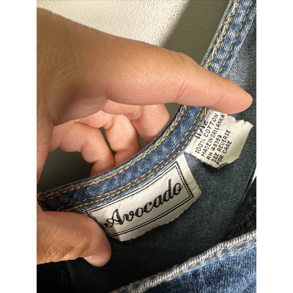 VTG Avocado Denim Dress 12 Tie Back Waist Blue 90s Y2K Cottagecore Square Neck - Picture 4 of 7